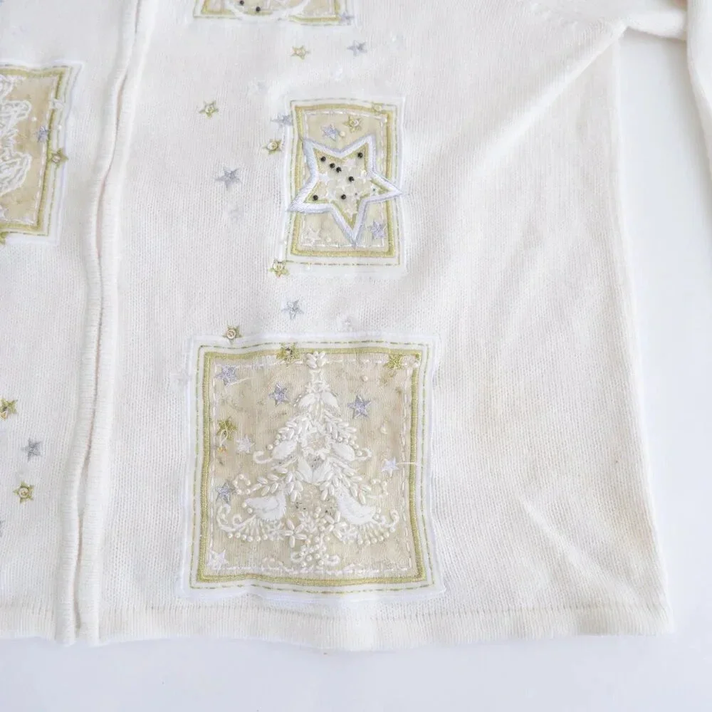 Vintage Tiara Cream Ugly Christmas Beaded Reindeer Zip Up Cardigan Sweater XL - Picture 7 of 16
